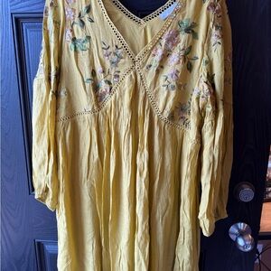 Boho Embroidered V-Neck Mini Dress in Mustard Yellow